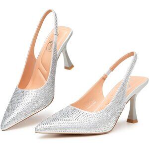 💫 Women Silver Rhinestone Glitter Heels Pointed Toe Pumps Comfy Party Shoes